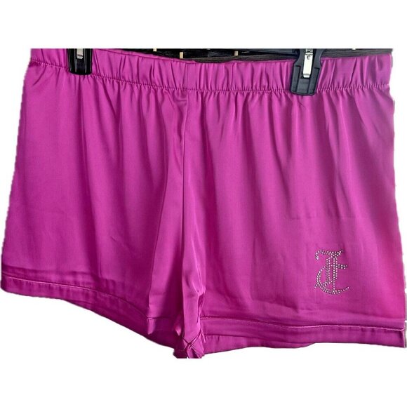 Juicy Couture L Pink Satin Logo Studded Button Short Sleeve & Shorts Pajama Set - Picture 3 of 7